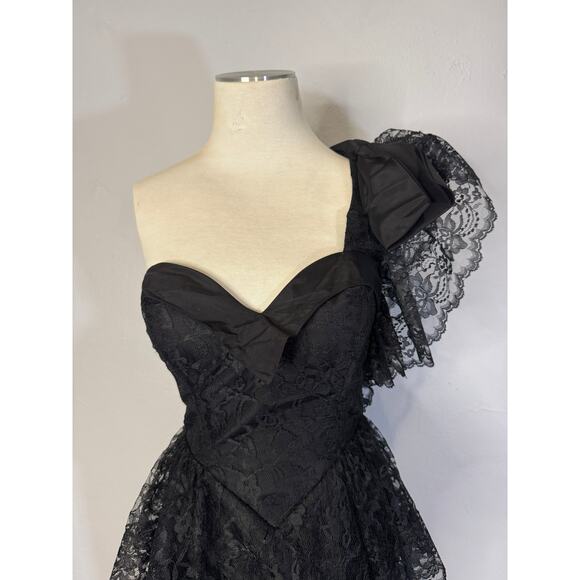 80s Climax Black Lace One Shoulder Party Dress Size XS - Picture 5 of 8